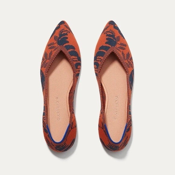 Rothy’s Shoes - Rothy's The Point Flats W8 Sunset Floral Burnt Orange Navy Knit Slip On Shoe